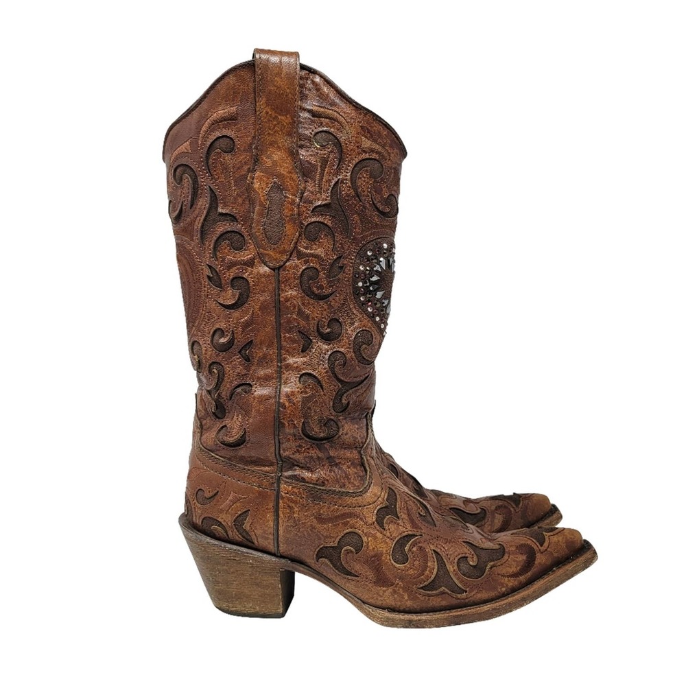 Corral Burnished Goatskin Crystal Heart Cognac Cowgirl Boots Pointed Snip Toe 6